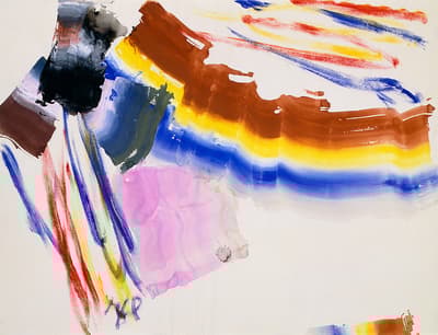 A abstract watercolor in brown, yellow, blue, red, and pink.