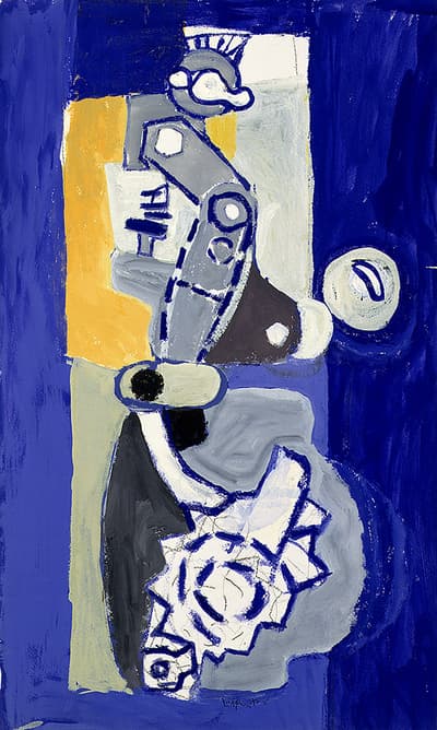 Abstract painting with geometric shapes in blue, gray, white, black, and yellow.