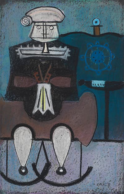 Abstract painting of a geometric figure seated against a blue background, featuring a spiral hat and stylized body shapes.