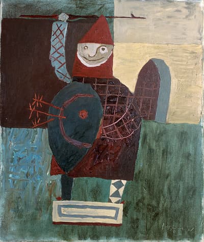 Abstract painting of a knight with a red hood, a smiling face, and a shield, set against a textured, multicolored background.
