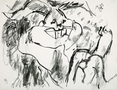 A brush and ink print of Bugs Bunny on a white canvas.