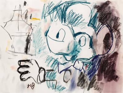 An abstract sketch of Mickey Mouse in blue and black charcoal.