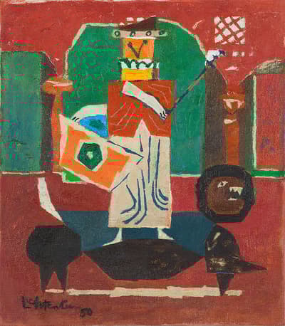 Abstract painting with geometric figures in bold colors and rough textures.