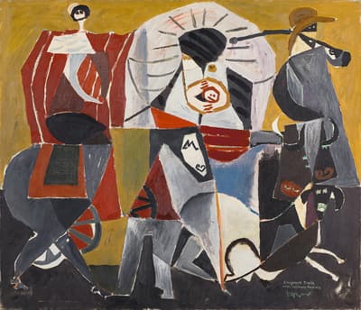 Abstract painting with geometric shapes and figures, featuring bold colors and stylized forms.