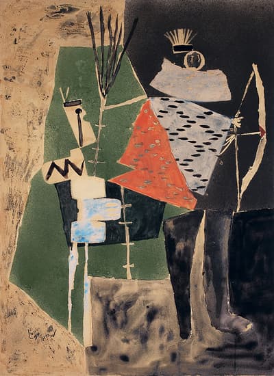 Abstract painting with geometric shapes and organic forms in green, red, black, and beige hues.