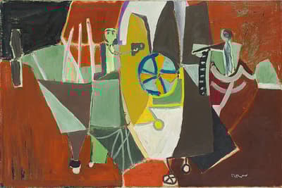 Abstract painting with geometric shapes in red, green, yellow, and brown tones with a segmented blue and orange circle.