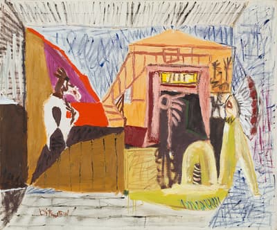 A colorful sketch of a building in front f which a figure is sitting down. In front of the figure is another figure with the body of a human, but the head of horse.