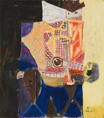 Abstract painting with geometric shapes and a mix of dark and bright colors, including deep blue, orange, and brown.