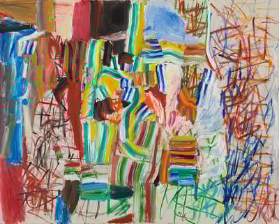 An abstract oil on canvas painting of brightly colored horizontal and vertical lines and chaotic lines.