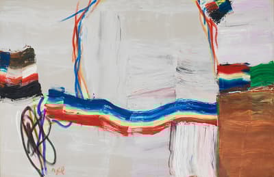 An oil on cavas painting of bright horizontal red, yellow and blue lines against a white and brown background.