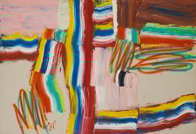 An oil on canvas painting of horizontal and vertical brightly colored stripes.