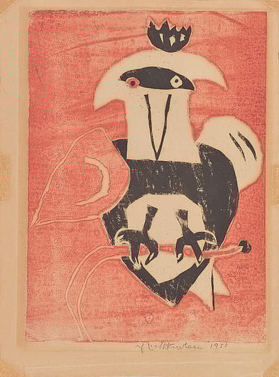 Abstract artwork of a stylized bird with geometric shapes on a reddish-brown background.