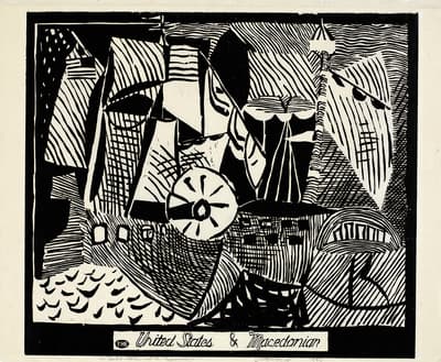 A black and white woodcut print with heavy lines and patterns above a text box which reads, "The United States & Macedonia."