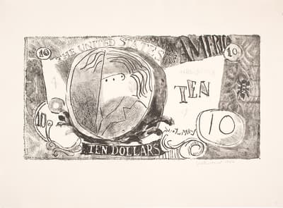 A lithograph of an American ten dollar bill.