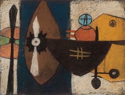 Abstract painting with geometric shapes and earthy tones.