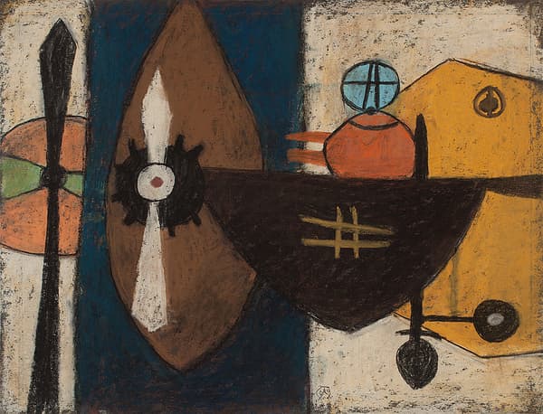 Abstract painting with geometric shapes and earthy tones.