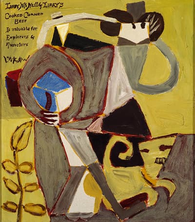 Abstract painting with a stylized figure, geometric shapes, and text on a mustard yellow background.