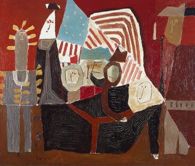 Abstract painting with humanoid shapes and geometric forms in red, brown, and beige tones.