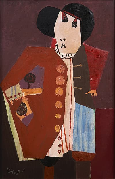Cubist painting of a figure with angular face and stylized clothing.