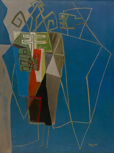 Abstract painting with geometric shapes and curving lines on a blue background.