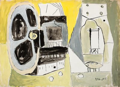Abstract painting with large oval, geometric shapes in yellow, gray, black, and white tones.