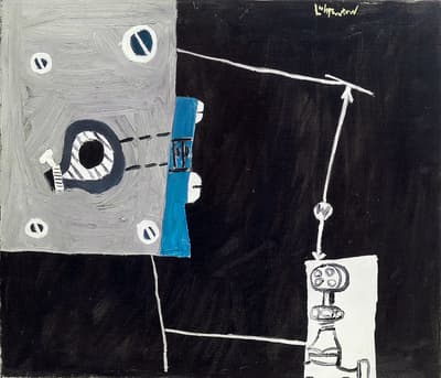 Abstract painting with gray and blue mechanical shapes on a black background.