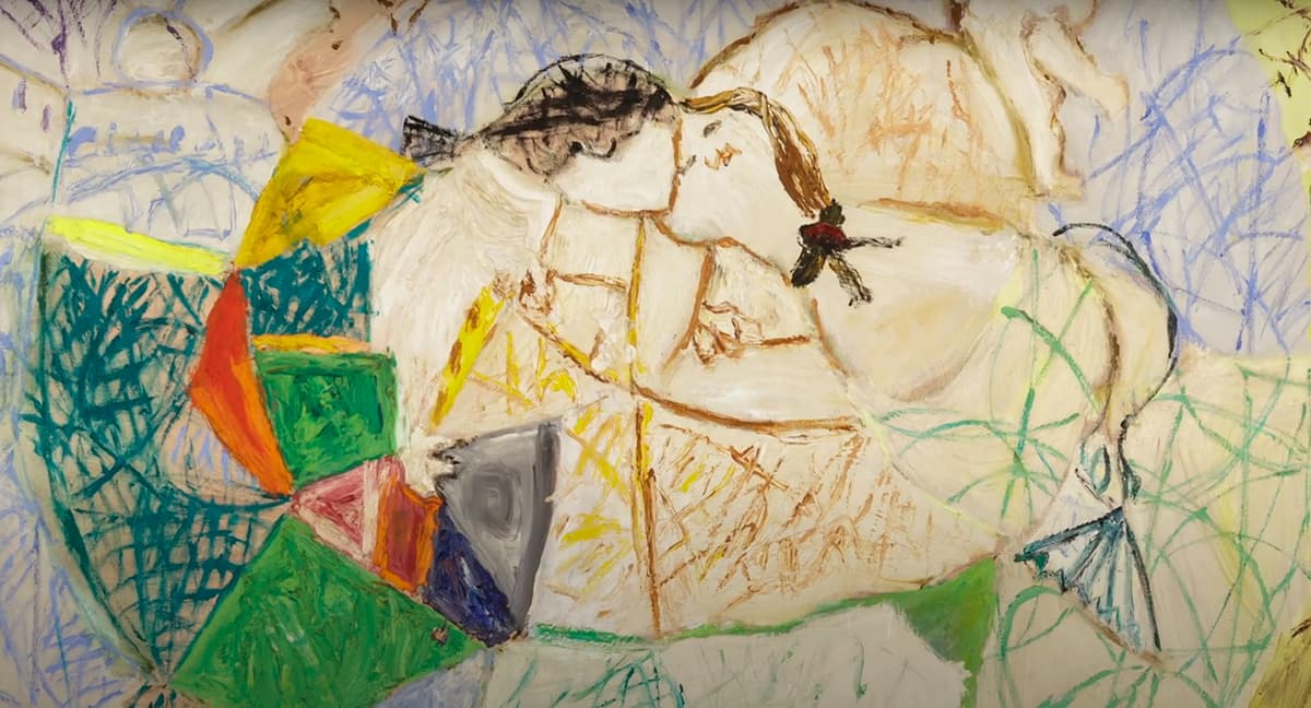 Abstract painting of two figures kissing with colorful geometric patterns and dynamic scribbles.