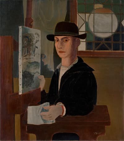 Self-portrait of Roy Lichtenstein standing in front of a painting on an easel.