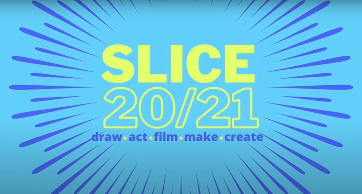 Screenshot of "Slice 20/21 draw.act.film.make.create" in yellow font against a blue background.