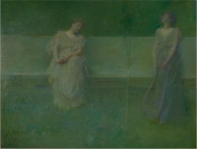 Two women in flowing dresses in a green, atmospheric setting, with one holding a harp-like instrument.