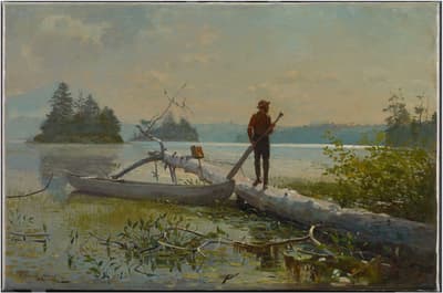 A lone figure stands on a log over a lake, next to a canoe, with misty trees in the background.