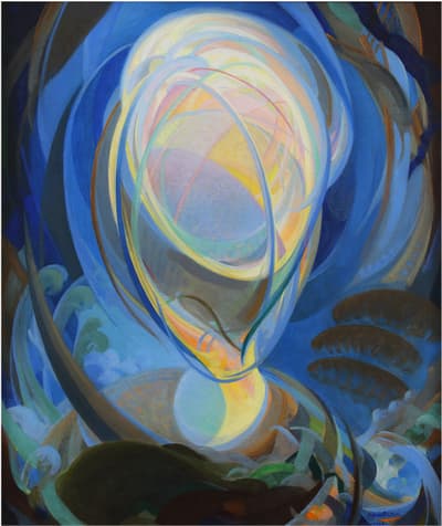 Abstract painting with swirling blue shapes and a central glowing form.