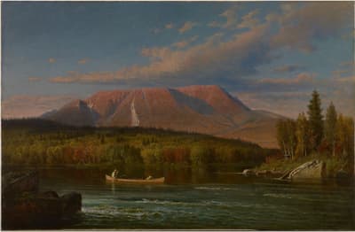 An oil on canvas painting of a mountain at dusk.