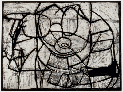 Abstract artwork with black lines on a textured grayscale background.
