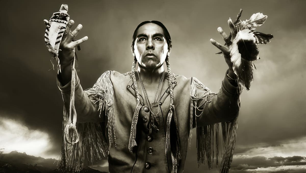 Person with braided hair in traditional fringed attire holding feathered objects, against a cloudy sky backdrop.