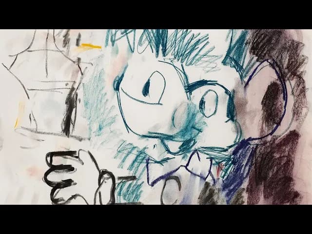 Abstract sketch of a mouse-like figure with a smiling face and large eyes.