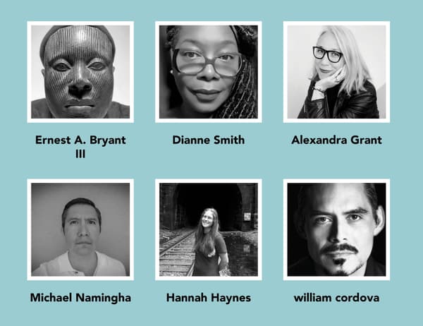 Black and white portraits of Ernest A. Bryant III, Dianne Smith, Alexandra Grant, Michael Namingha, Hannah Haynes, and william cordova against a light blue background.