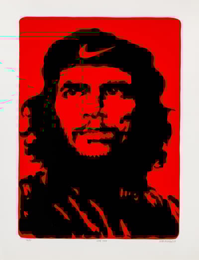 Stylized portrait of a person in black and red with a Nike swoosh on their beret.
