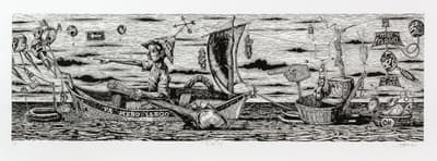 Black and white illustration of two boats and figures on a wavy body of water with a cloudy sky.