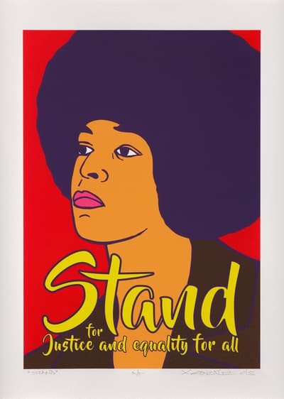 A multi-color screenprint of a determined woman with the text "Stand for Justice and equality for all" written in large yellow script superimposed over the lower third of the poster.