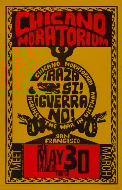 Screenprint with the text Chicano Moratorium in large letters across the top.