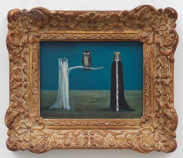 A framed oil on canvas painting by Gertrude Abercrombie of a queen wearing a crown standing next to a white tree with an owl on its branch.