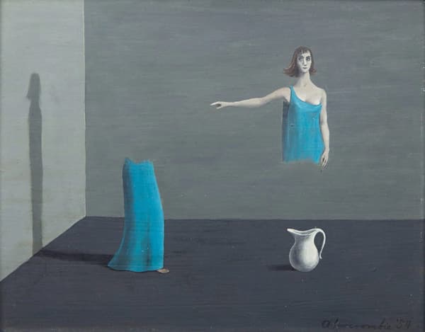 An oil on masonite painting by Gertrude Abercrombie of a woman in a blue dress whose body has been split in half. Her top half is floating above a white vase.