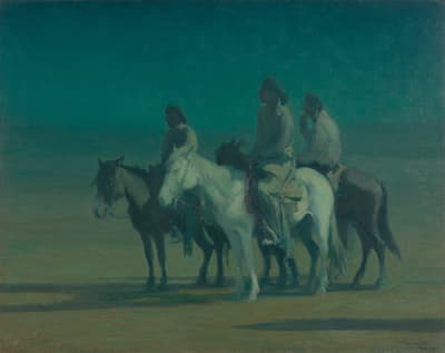Three figures on horseback in barren landscape.