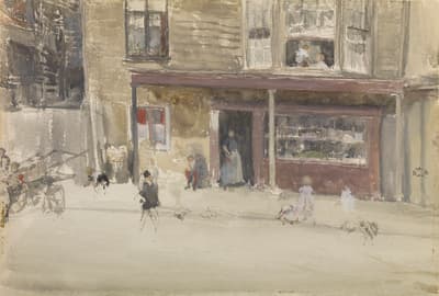 Watercolor painting of a street scene with figures and a building.