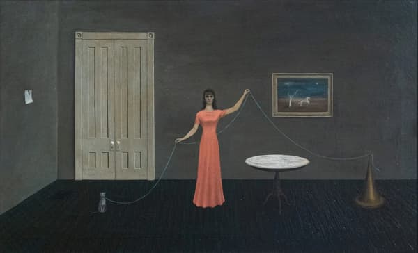 Oil on canvas painting by Gertrude Abercrombie. In a surreal setting, a woman in a coral dress holds a thread in a dim room with a cat, a table, and a funnel.