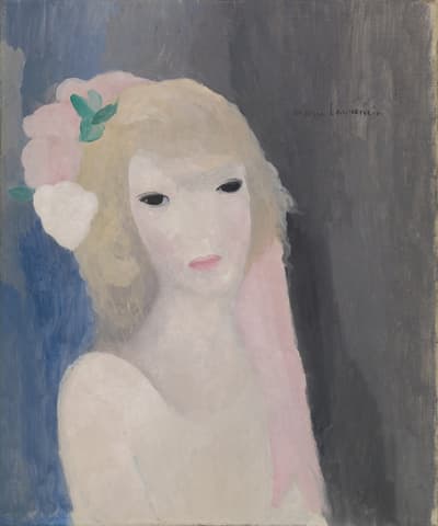 Hazy painting of a young female figure with beady black eyes. The figure is very pale and white with a blue and gray background.