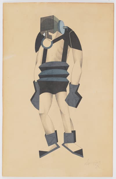 Abstract geometric figure resembling a humanoid, composed of shapes and shaded in black, gray, and blue tones.
