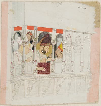 A watercolor of a group of men depicted in color peeking through a white structure.