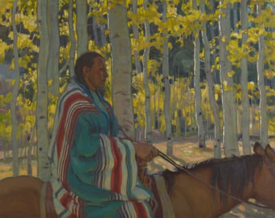 A figure on horseback in wooded setting.